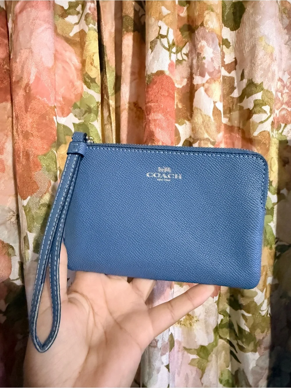 Coach Blue Leather Wristlet with Gold Logo